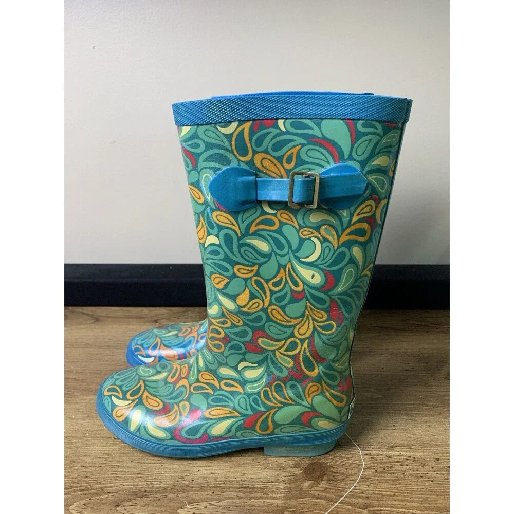 🌻2 for $20🌻 LL Bean Wellie Rain Boots Kids Blue Paisley Girls Size 6 Outdoor